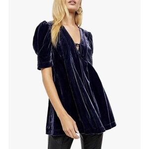 Free People Purple Velvet Mini Dress Top Lace Up V-Neck Puff Sleeve Size M